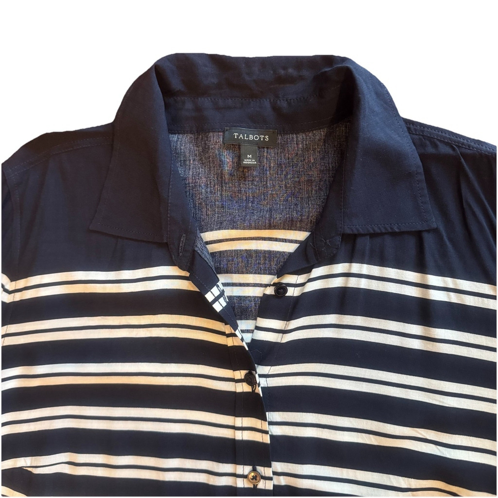 Talbots Women Shirt Blouse Size:M Blue White Striped Button-Up Rayon Super Soft - Picture 10 of 12